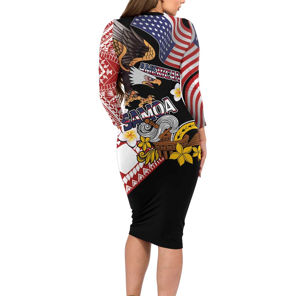 United States and American Samoa Together Family Matching Long Sleeve Bodycon Dress and Hawaiian Shirt Bald Eagle and Polynesian Traditional Culture with Plumeria LT03 - Polynesian Pride