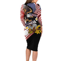 United States and American Samoa Together Family Matching Long Sleeve Bodycon Dress and Hawaiian Shirt Bald Eagle and Polynesian Traditional Culture with Plumeria LT03 - Polynesian Pride