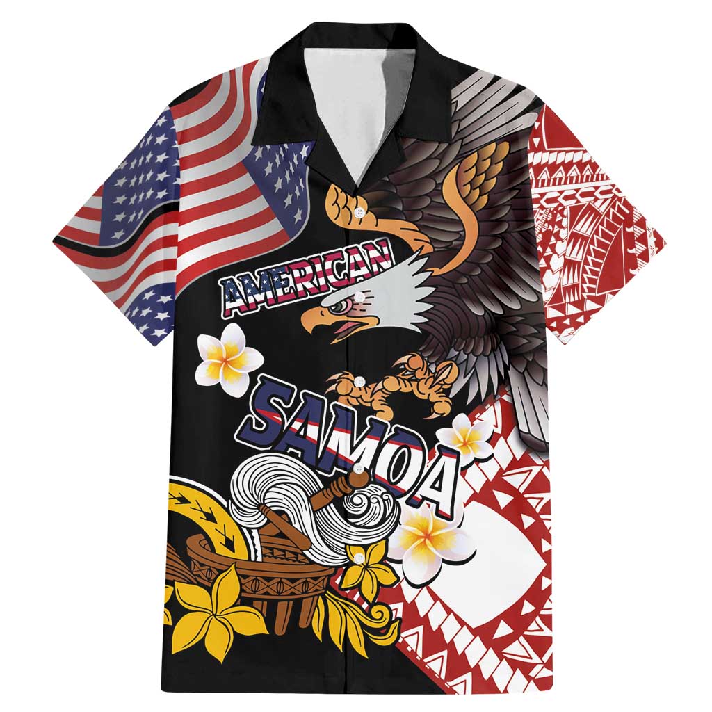 United States and American Samoa Together Family Matching Mermaid Dress and Hawaiian Shirt Bald Eagle and Polynesian Traditional Culture with Plumeria LT03 Dad's Shirt - Short Sleeve Black - Polynesian Pride