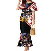 United States and American Samoa Together Family Matching Mermaid Dress and Hawaiian Shirt Bald Eagle and Polynesian Traditional Culture with Plumeria LT03 Mom's Dress Black - Polynesian Pride