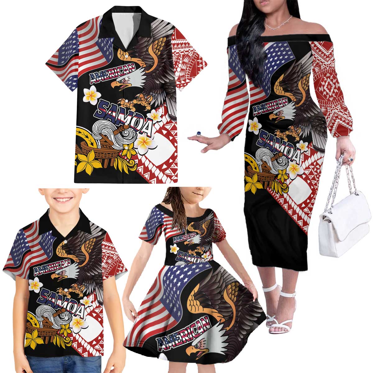 United States and American Samoa Together Family Matching Off The Shoulder Long Sleeve Dress and Hawaiian Shirt Bald Eagle and Polynesian Traditional Culture with Plumeria LT03 - Polynesian Pride