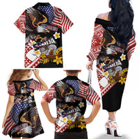United States and American Samoa Together Family Matching Off The Shoulder Long Sleeve Dress and Hawaiian Shirt Bald Eagle and Polynesian Traditional Culture with Plumeria LT03 - Polynesian Pride