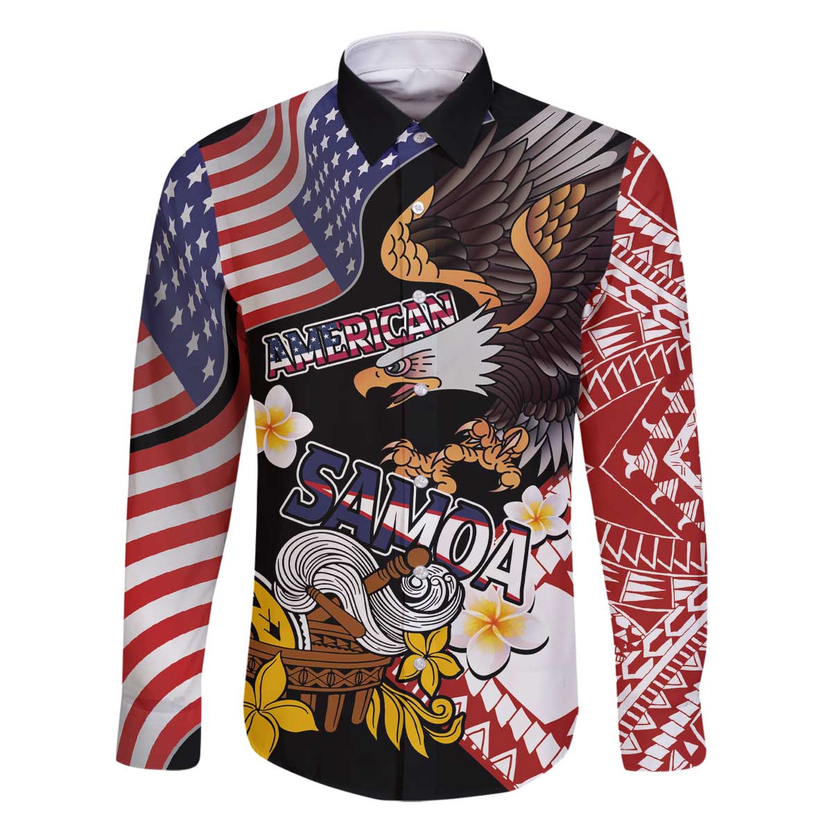 United States and American Samoa Together Family Matching Off The Shoulder Long Sleeve Dress and Hawaiian Shirt Bald Eagle and Polynesian Traditional Culture with Plumeria LT03 Dad's Shirt - Long Sleeve Black - Polynesian Pride