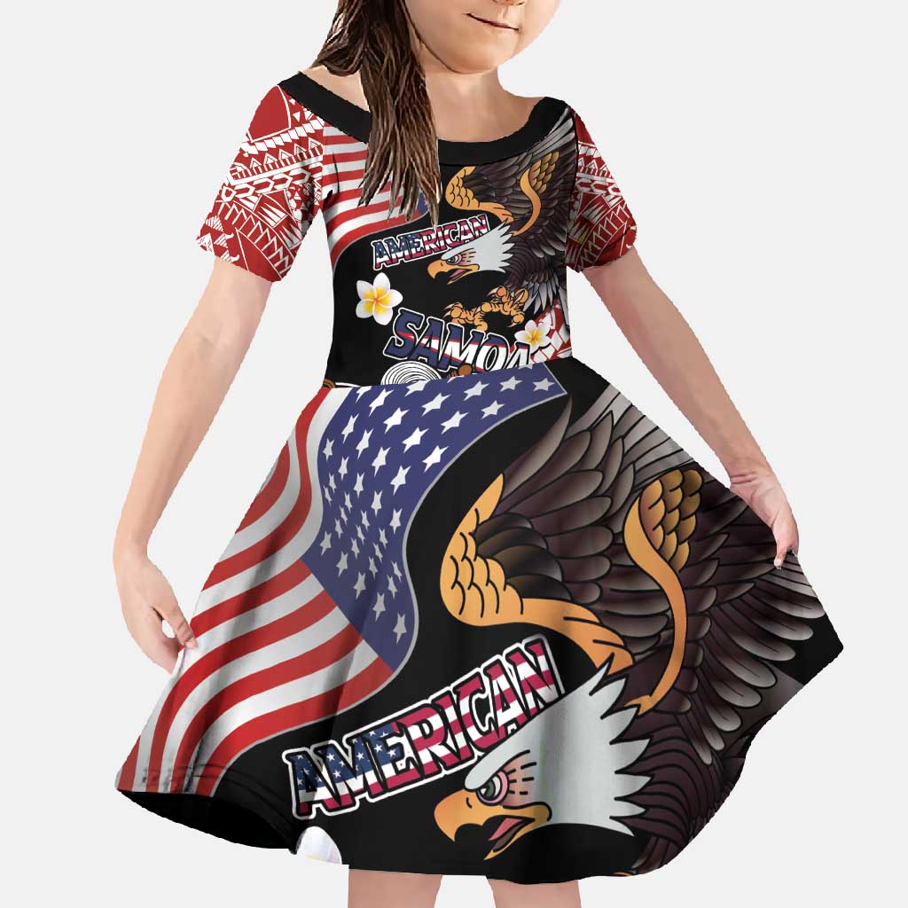 United States and American Samoa Together Family Matching Off Shoulder Maxi Dress and Hawaiian Shirt Bald Eagle and Polynesian Traditional Culture with Plumeria LT03 Daughter's Dress Black - Polynesian Pride
