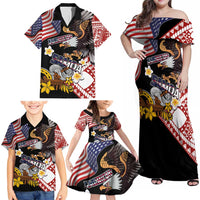 United States and American Samoa Together Family Matching Off Shoulder Maxi Dress and Hawaiian Shirt Bald Eagle and Polynesian Traditional Culture with Plumeria LT03 - Polynesian Pride