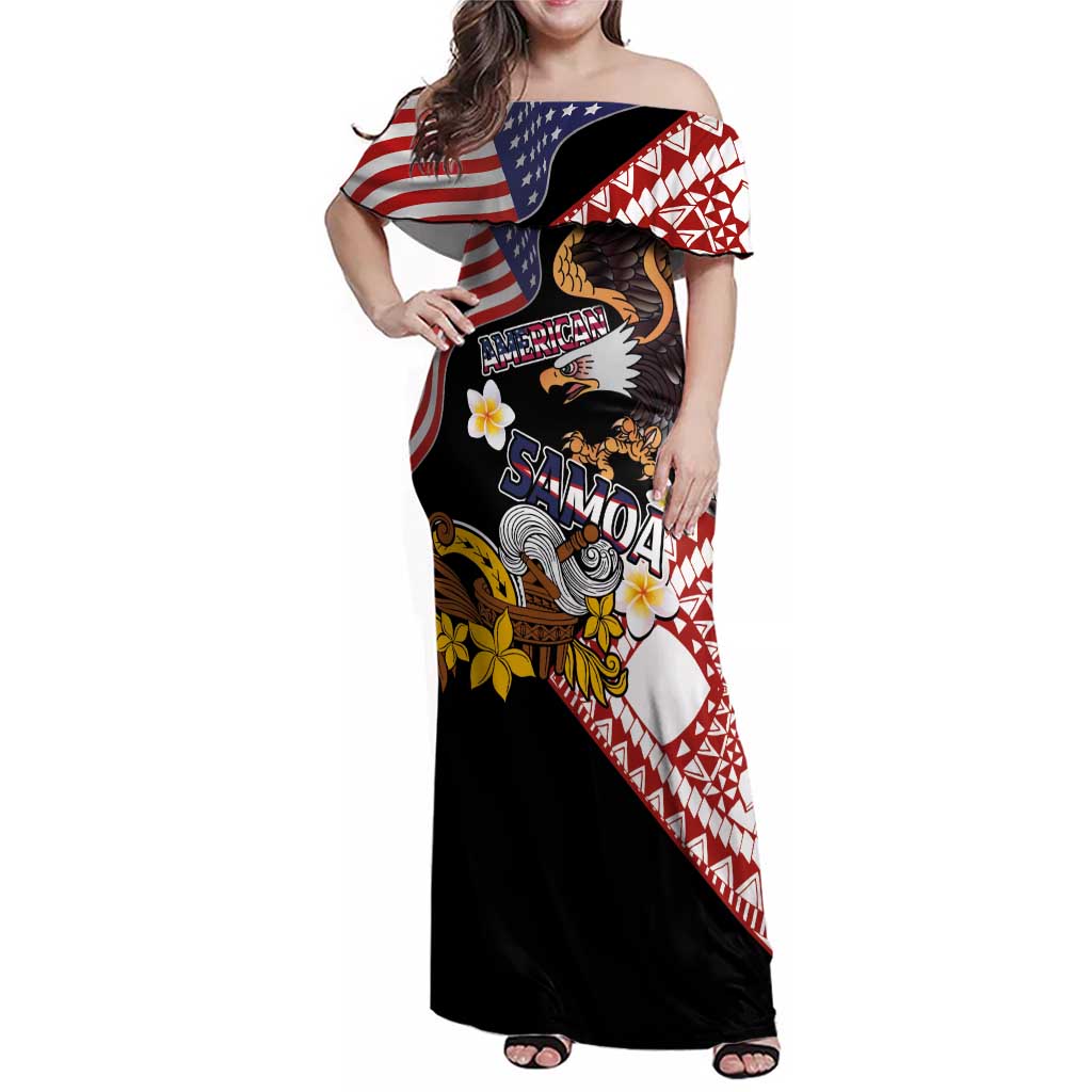 United States and American Samoa Together Family Matching Off Shoulder Maxi Dress and Hawaiian Shirt Bald Eagle and Polynesian Traditional Culture with Plumeria LT03 Mom's Dress Black - Polynesian Pride