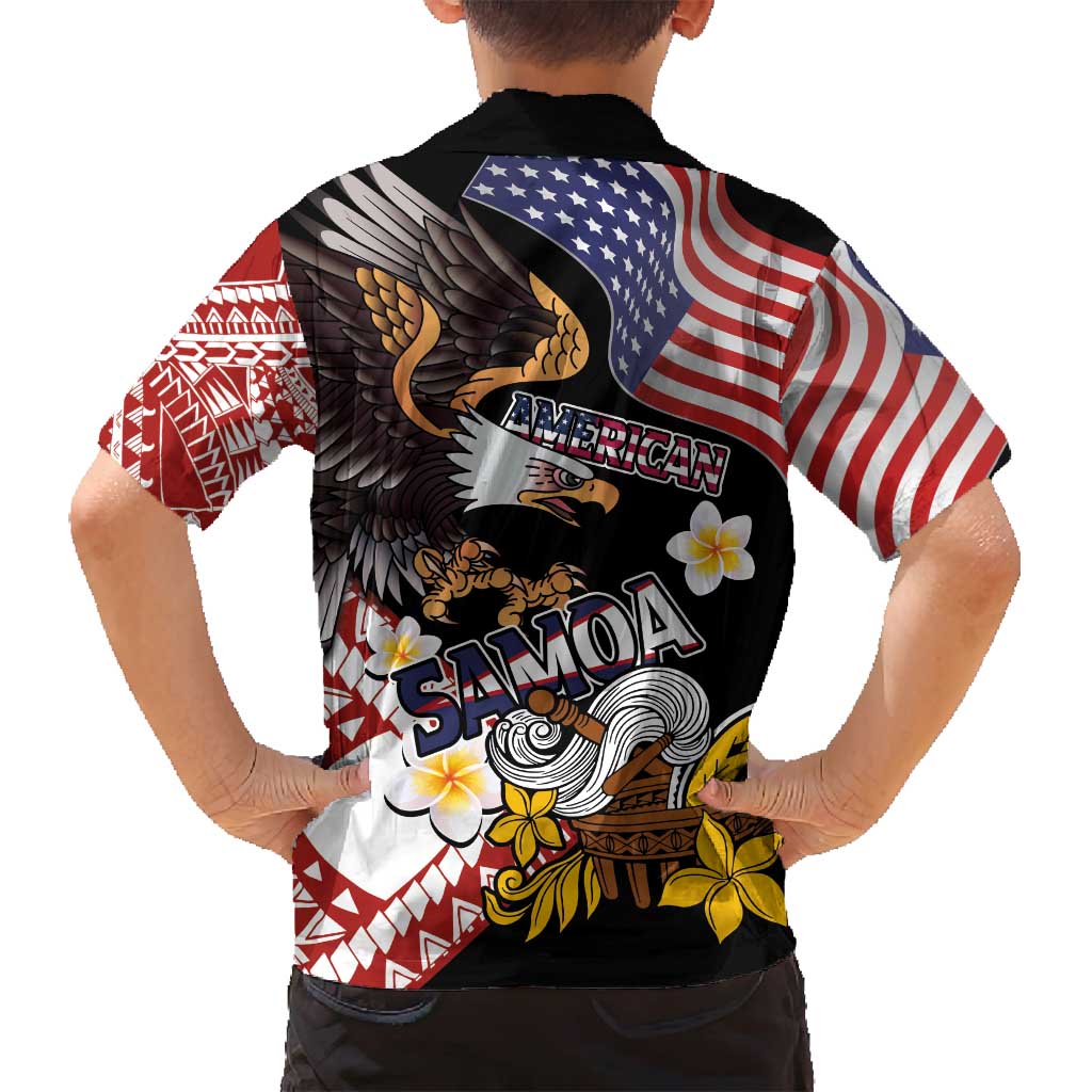 United States and American Samoa Together Family Matching Off Shoulder Short Dress and Hawaiian Shirt Bald Eagle and Polynesian Traditional Culture with Plumeria LT03 - Polynesian Pride