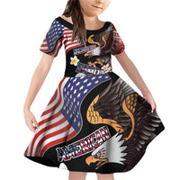 United States and American Samoa Together Family Matching Off Shoulder Short Dress and Hawaiian Shirt Bald Eagle and Polynesian Traditional Culture with Plumeria LT03 Daughter's Dress Black - Polynesian Pride