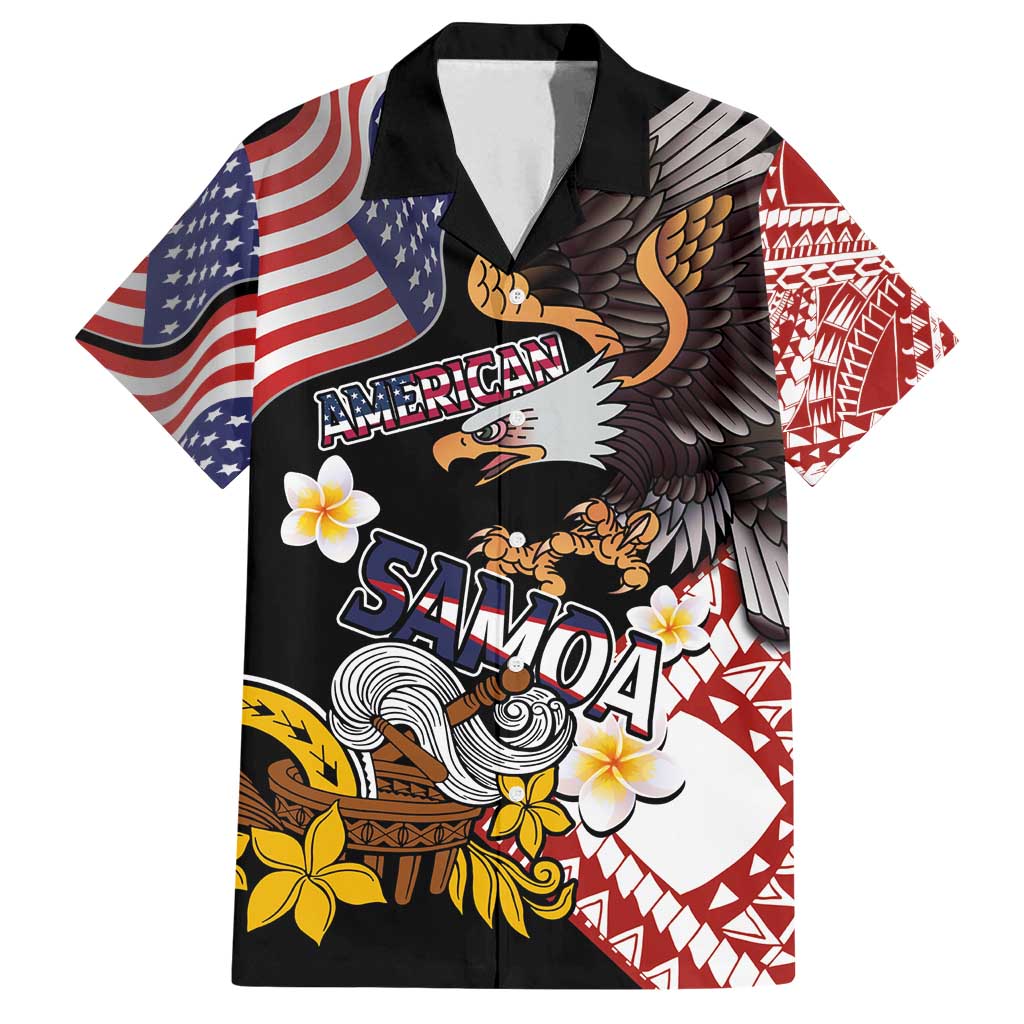United States and American Samoa Together Family Matching Puletasi and Hawaiian Shirt Bald Eagle and Polynesian Traditional Culture with Plumeria LT03 Dad's Shirt - Short Sleeve Black - Polynesian Pride