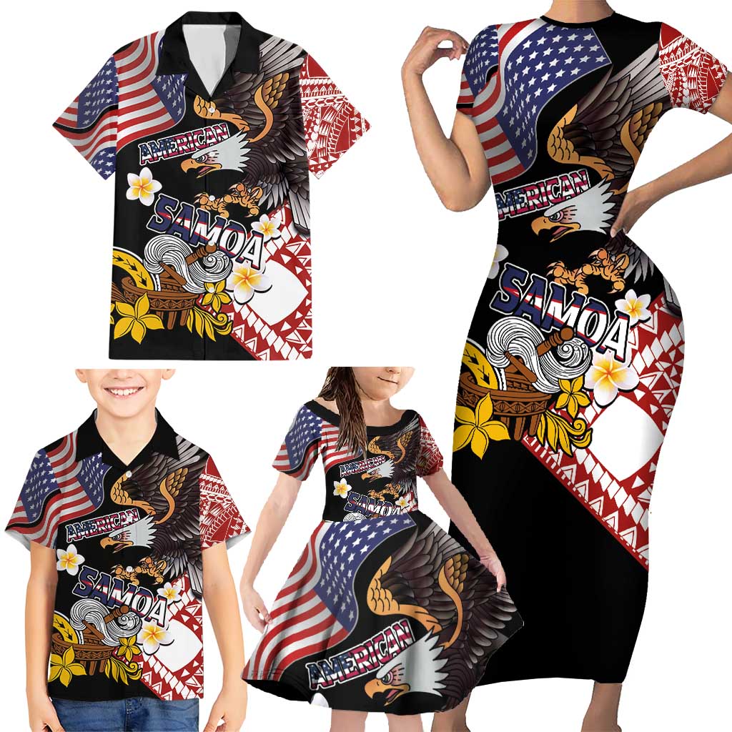 United States and American Samoa Together Family Matching Short Sleeve Bodycon Dress and Hawaiian Shirt Bald Eagle and Polynesian Traditional Culture with Plumeria LT03 - Polynesian Pride