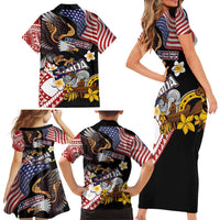 United States and American Samoa Together Family Matching Short Sleeve Bodycon Dress and Hawaiian Shirt Bald Eagle and Polynesian Traditional Culture with Plumeria LT03 - Polynesian Pride