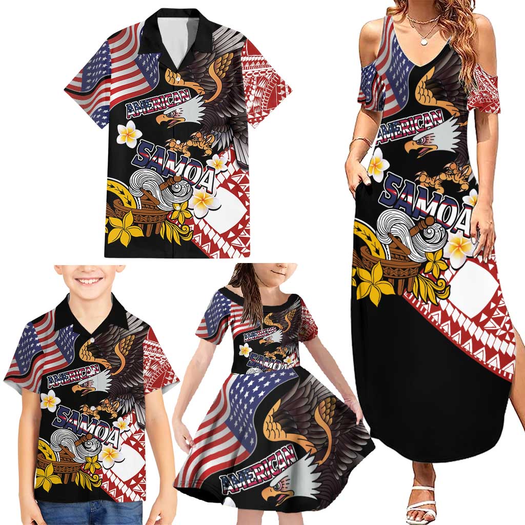 United States and American Samoa Together Family Matching Summer Maxi Dress and Hawaiian Shirt Bald Eagle and Polynesian Traditional Culture with Plumeria LT03 - Polynesian Pride