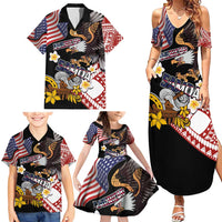 United States and American Samoa Together Family Matching Summer Maxi Dress and Hawaiian Shirt Bald Eagle and Polynesian Traditional Culture with Plumeria LT03 - Polynesian Pride