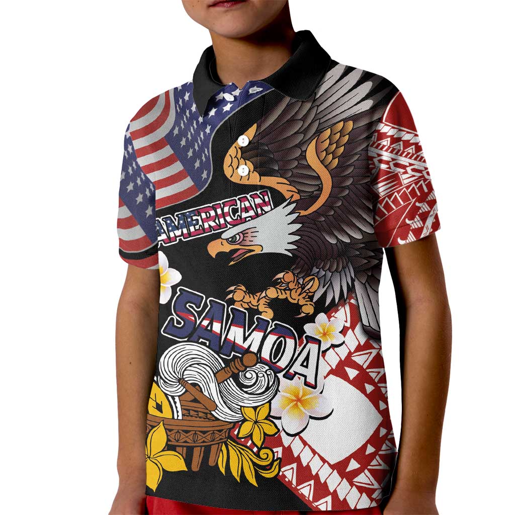United States and American Samoa Together Kid Polo Shirt Bald Eagle and Polynesian Traditional Culture with Plumeria LT03 Kid Black - Polynesian Pride
