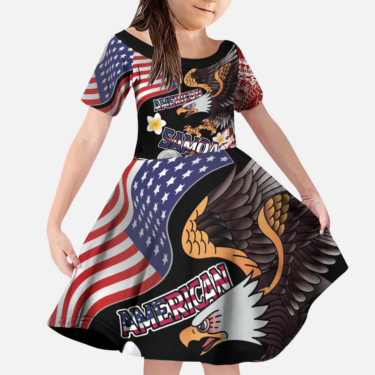 United States and American Samoa Together Kid Short Sleeve Dress Bald Eagle and Polynesian Traditional Culture with Plumeria
