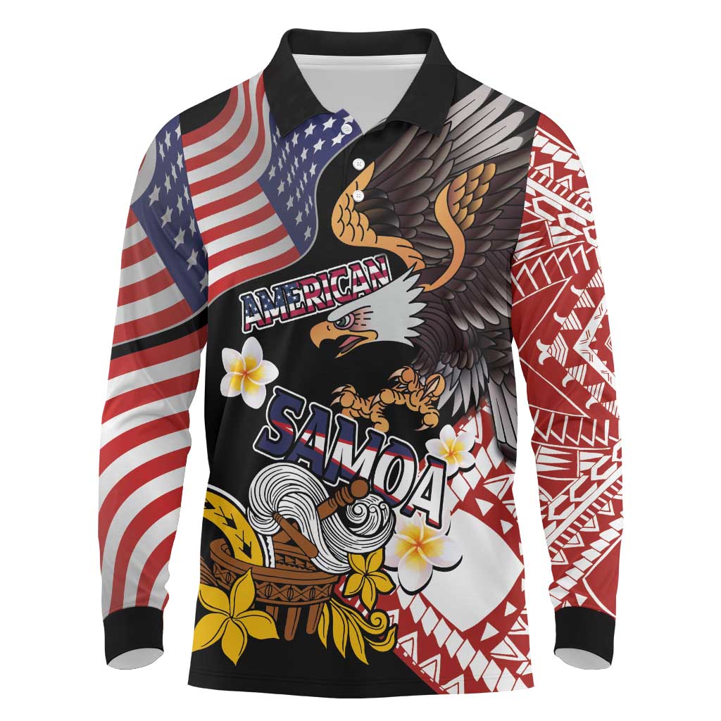 United States and American Samoa Together Long Sleeve Polo Shirt Bald Eagle and Polynesian Traditional Culture with Plumeria LT03 Black - Polynesian Pride