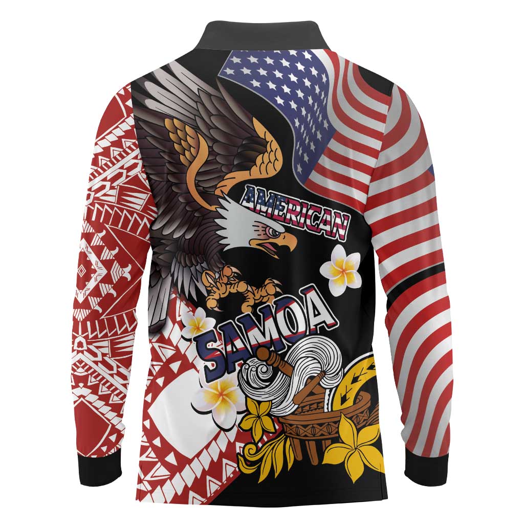 United States and American Samoa Together Long Sleeve Polo Shirt Bald Eagle and Polynesian Traditional Culture with Plumeria LT03 - Polynesian Pride