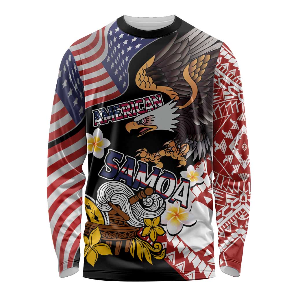 United States and American Samoa Together Long Sleeve Shirt Bald Eagle and Polynesian Traditional Culture with Plumeria