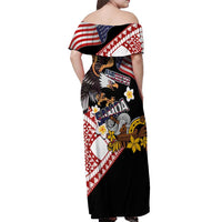 United States and American Samoa Together Off Shoulder Maxi Dress Bald Eagle and Polynesian Traditional Culture with Plumeria
