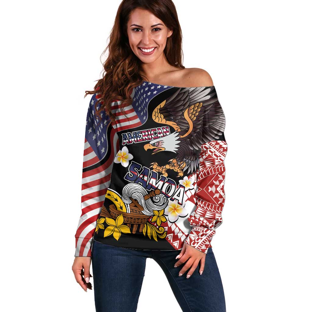 United States and American Samoa Together Off Shoulder Sweater Bald Eagle and Polynesian Traditional Culture with Plumeria