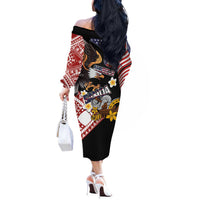 United States and American Samoa Together Off The Shoulder Long Sleeve Dress Bald Eagle and Polynesian Traditional Culture with Plumeria LT03 - Polynesian Pride