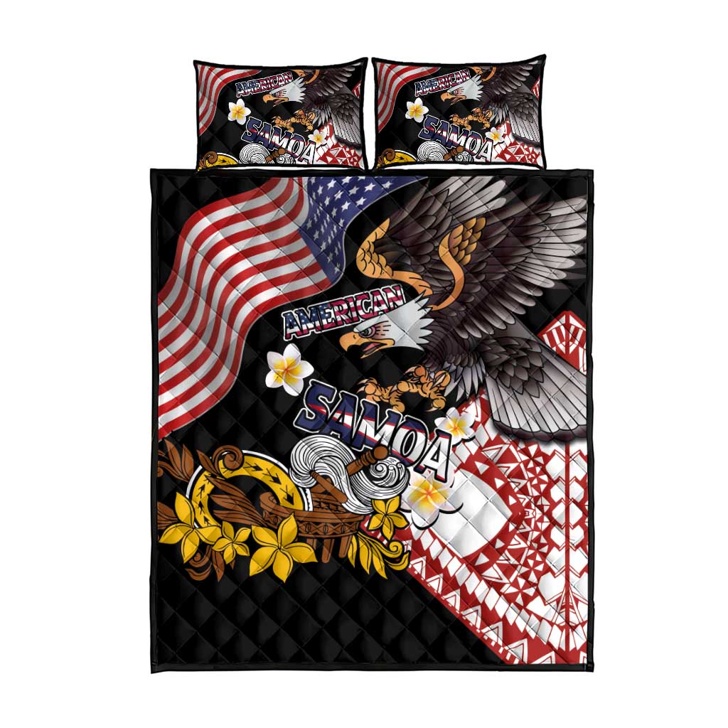 United States and American Samoa Together Quilt Bed Set Bald Eagle and Polynesian Traditional Culture with Plumeria