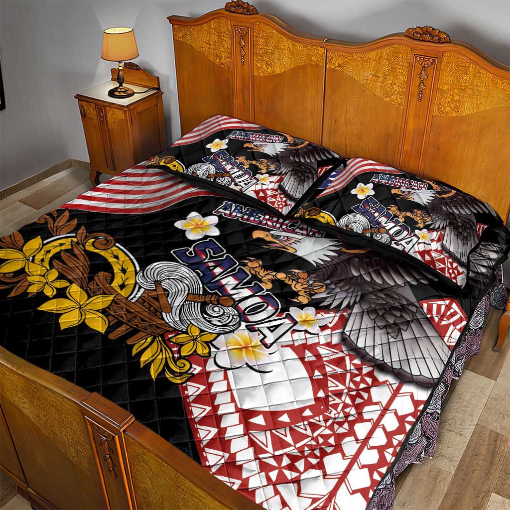 United States and American Samoa Together Quilt Bed Set Bald Eagle and Polynesian Traditional Culture with Plumeria