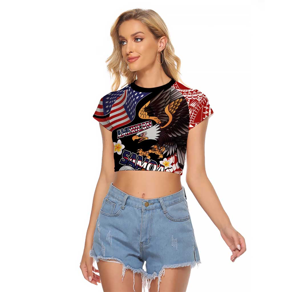 United States and American Samoa Together Raglan Cropped T Shirt Bald Eagle and Polynesian Traditional Culture with Plumeria