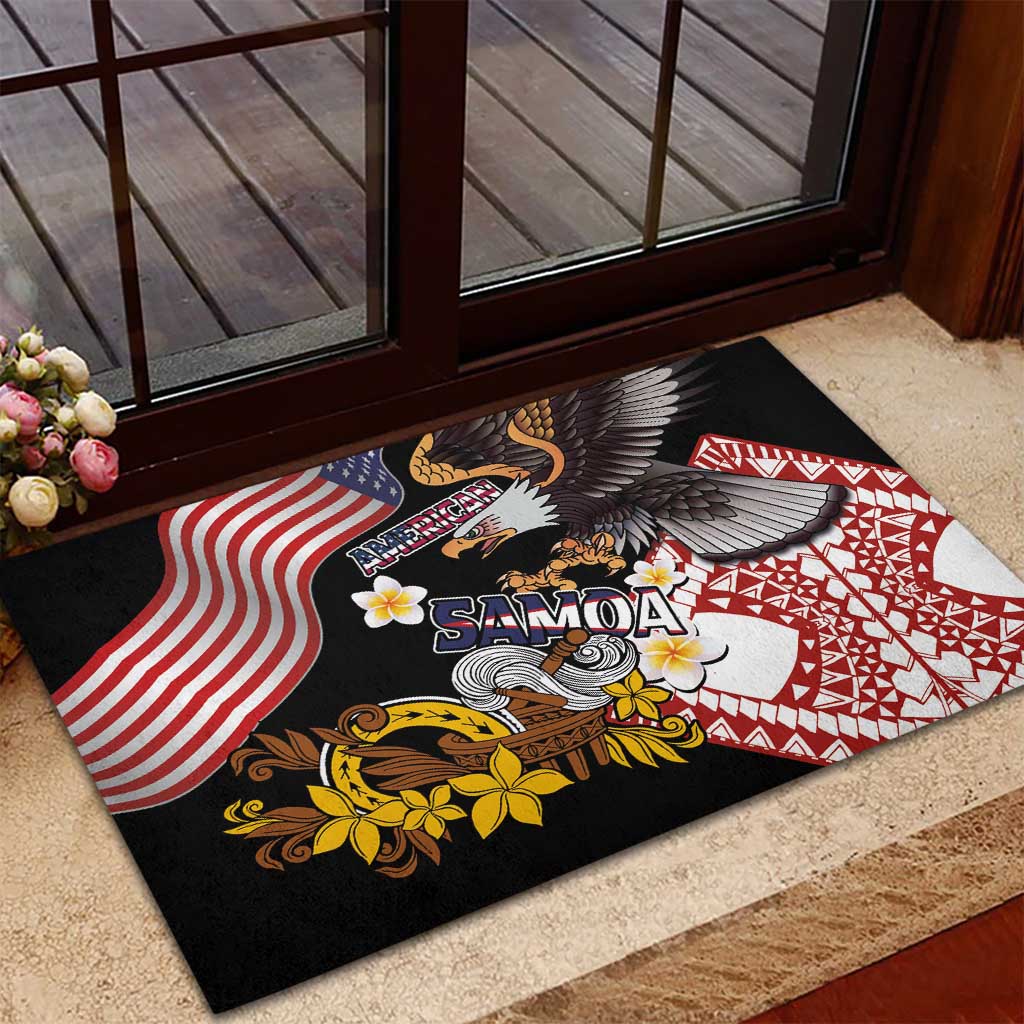 United States and American Samoa Together Rubber Doormat Bald Eagle and Polynesian Traditional Culture with Plumeria