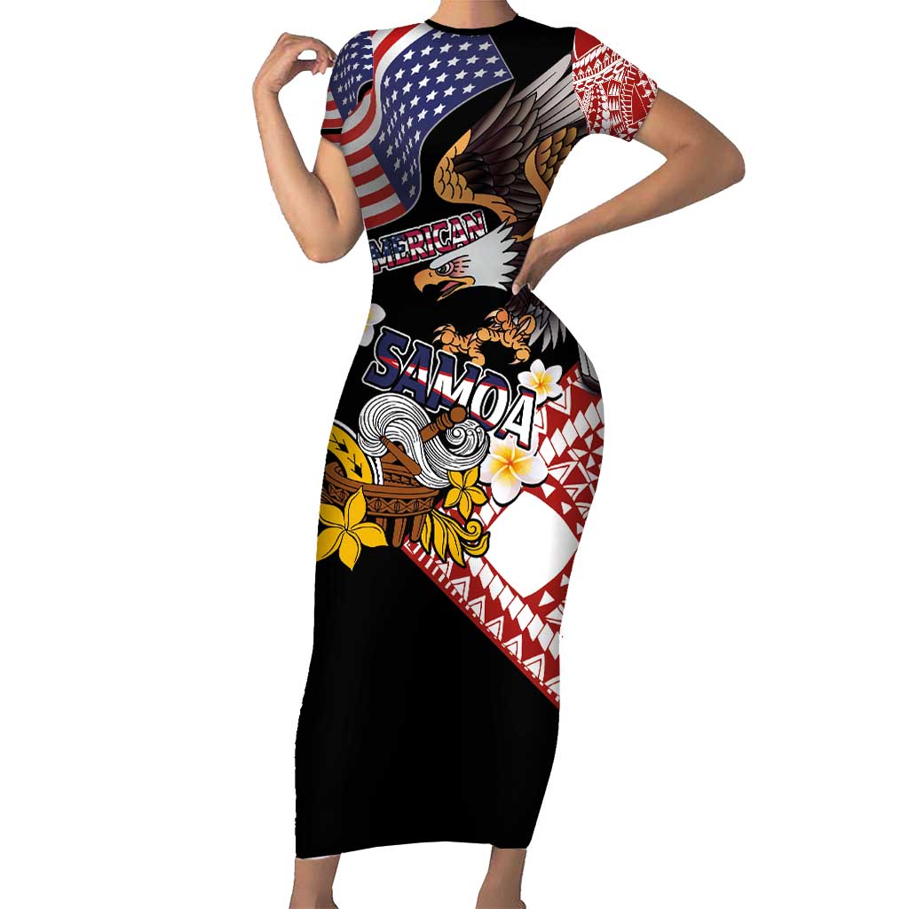 United States and American Samoa Together Short Sleeve Bodycon Dress Bald Eagle and Polynesian Traditional Culture with Plumeria LT03 Long Dress Black - Polynesian Pride