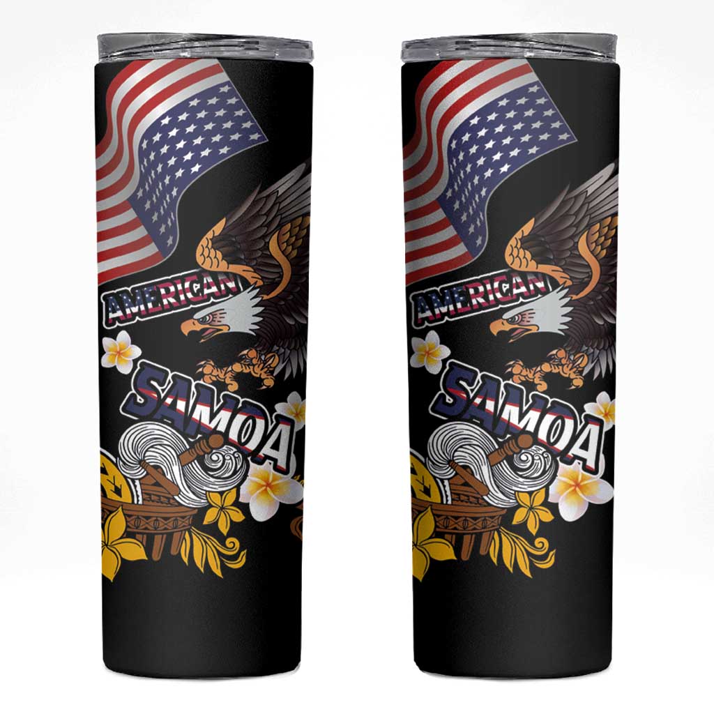 United States and American Samoa Together Skinny Tumbler Bald Eagle and Polynesian Traditional Culture with Plumeria LT03 Black - Polynesian Pride