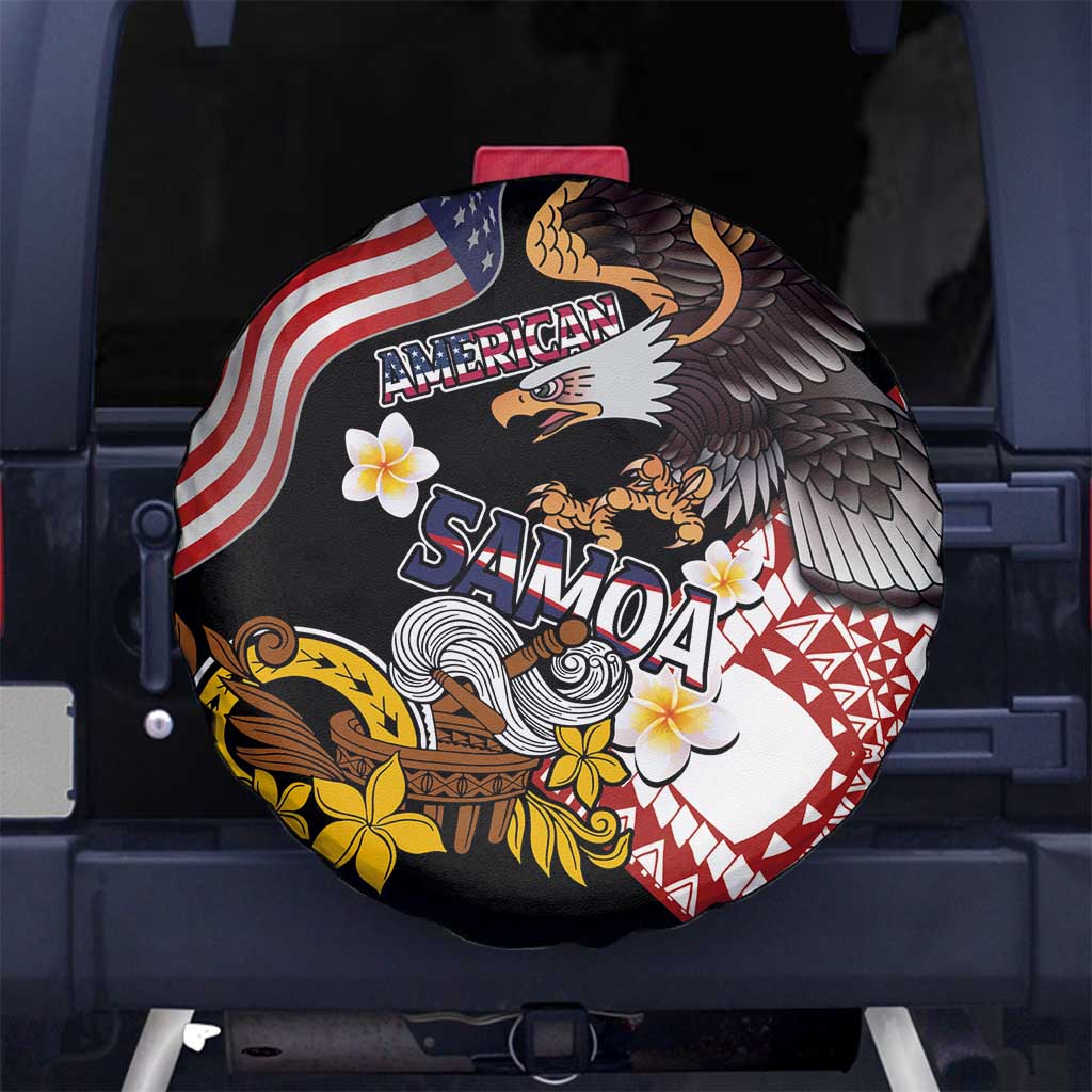United States and American Samoa Together Spare Tire Cover Bald Eagle and Polynesian Traditional Culture with Plumeria LT03 No hole Black - Polynesian Pride