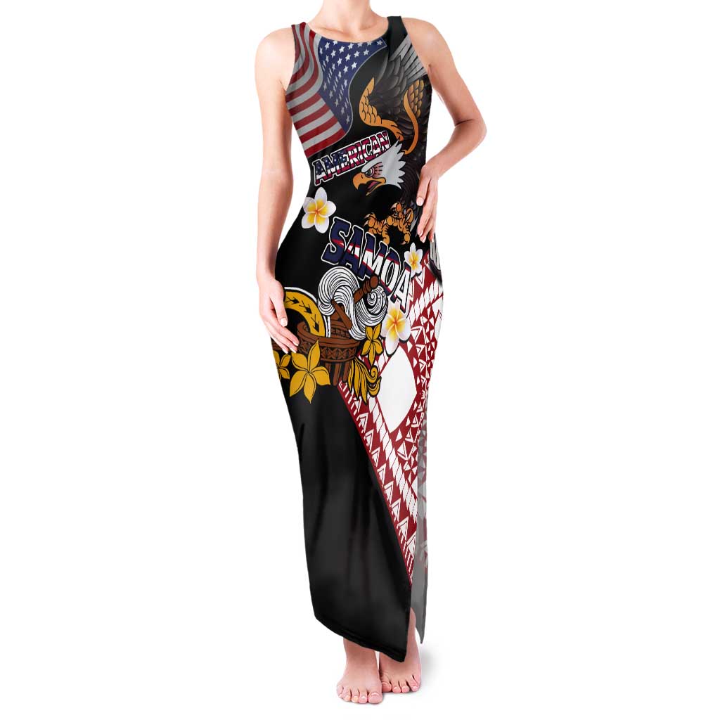 United States and American Samoa Together Tank Maxi Dress Bald Eagle and Polynesian Traditional Culture with Plumeria LT03 Women Black - Polynesian Pride