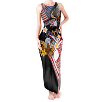 United States and American Samoa Together Tank Maxi Dress Bald Eagle and Polynesian Traditional Culture with Plumeria LT03 Women Black - Polynesian Pride