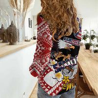 United States and American Samoa Together Women Casual Shirt Bald Eagle and Polynesian Traditional Culture with Plumeria