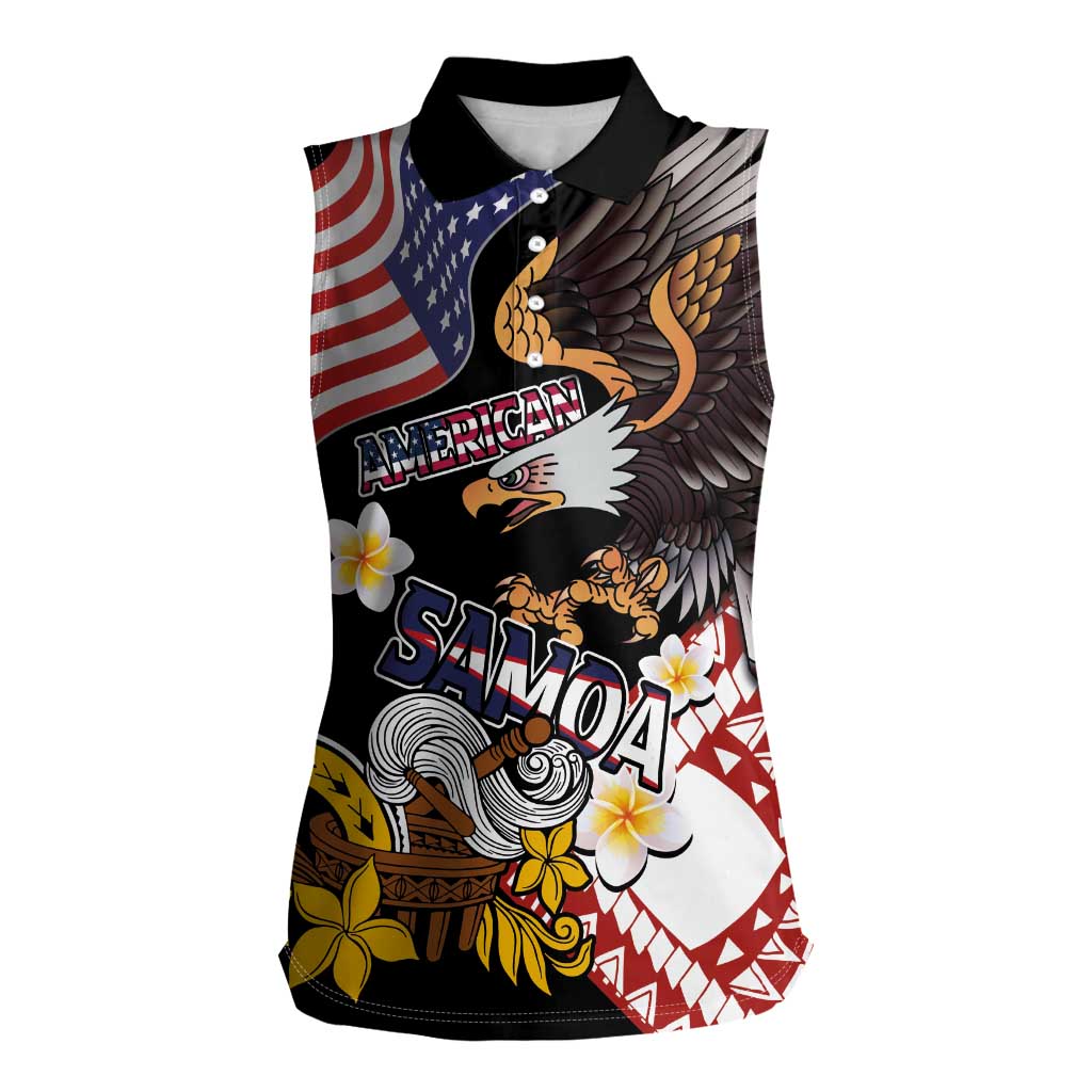 United States and American Samoa Together Women Sleeveless Polo Shirt Bald Eagle and Polynesian Traditional Culture with Plumeria LT03 Female Black - Polynesian Pride