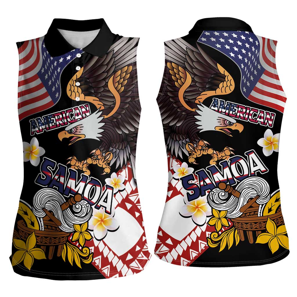United States and American Samoa Together Women Sleeveless Polo Shirt Bald Eagle and Polynesian Traditional Culture with Plumeria LT03 - Polynesian Pride