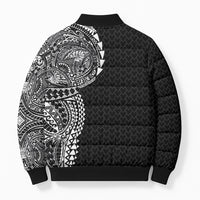 Hawaiian Traditional Tattoos Bomber Puffer Jacket Kakau Tribal Tropical Plant Motif Black Color