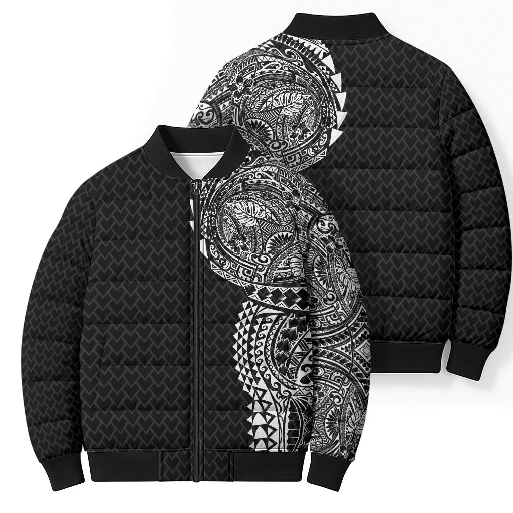 Hawaiian Traditional Tattoos Bomber Puffer Jacket Kakau Tribal Tropical Plant Motif Black Color