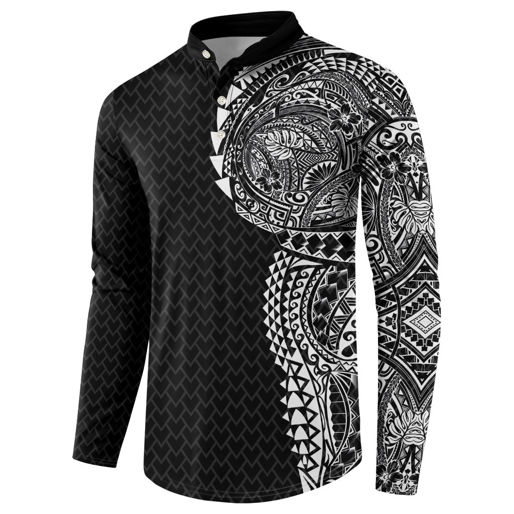 Hawaiian Traditional Tattoos Button Sweatshirt Kakau Tribal Tropical Plant Motif Black Color