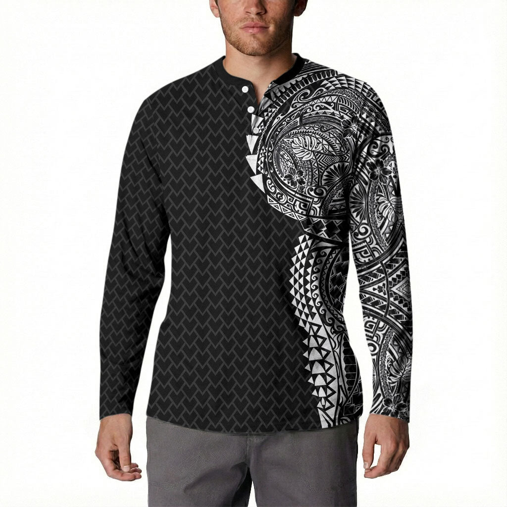 Hawaiian Traditional Tattoos Button Sweatshirt Kakau Tribal Tropical Plant Motif Black Color
