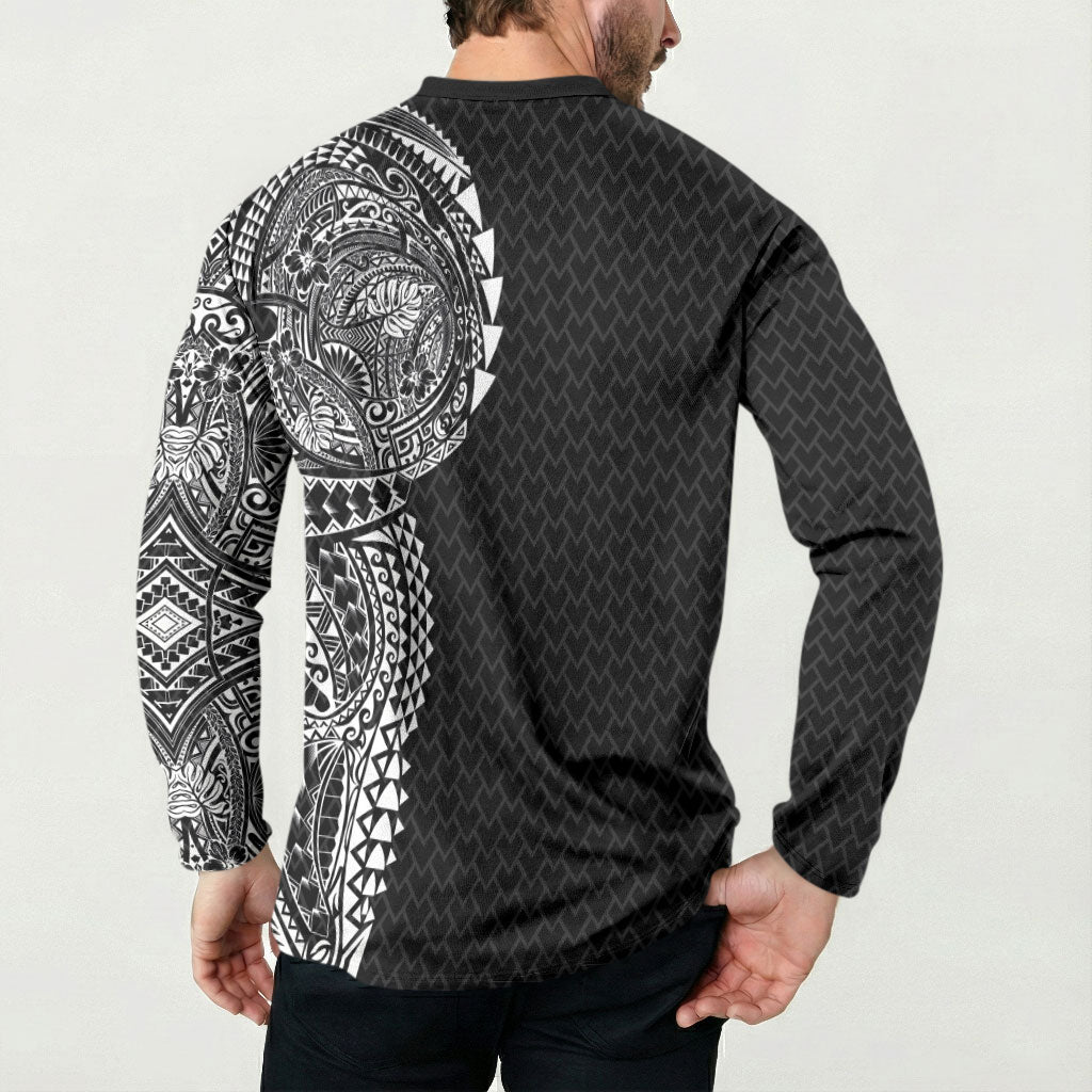 Hawaiian Traditional Tattoos Button Sweatshirt Kakau Tribal Tropical Plant Motif Black Color