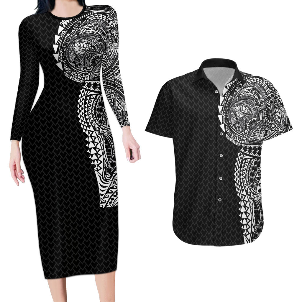 Hawaiian Traditional Tattoos Couples Matching Long Sleeve Bodycon Dress and Hawaiian Shirt Kakau Tribal Tropical Plant Motif Black Color
