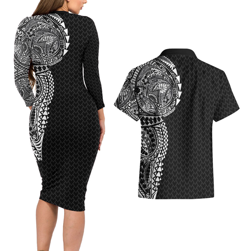 Hawaiian Traditional Tattoos Couples Matching Long Sleeve Bodycon Dress and Hawaiian Shirt Kakau Tribal Tropical Plant Motif Black Color LT03 - Polynesian Pride
