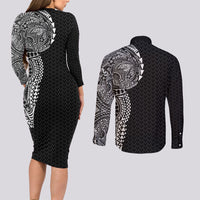 Hawaiian Traditional Tattoos Couples Matching Long Sleeve Bodycon Dress and Long Sleeve Button Shirt Kakau Tribal Tropical Plant Motif Black Color LT03 - Polynesian Pride