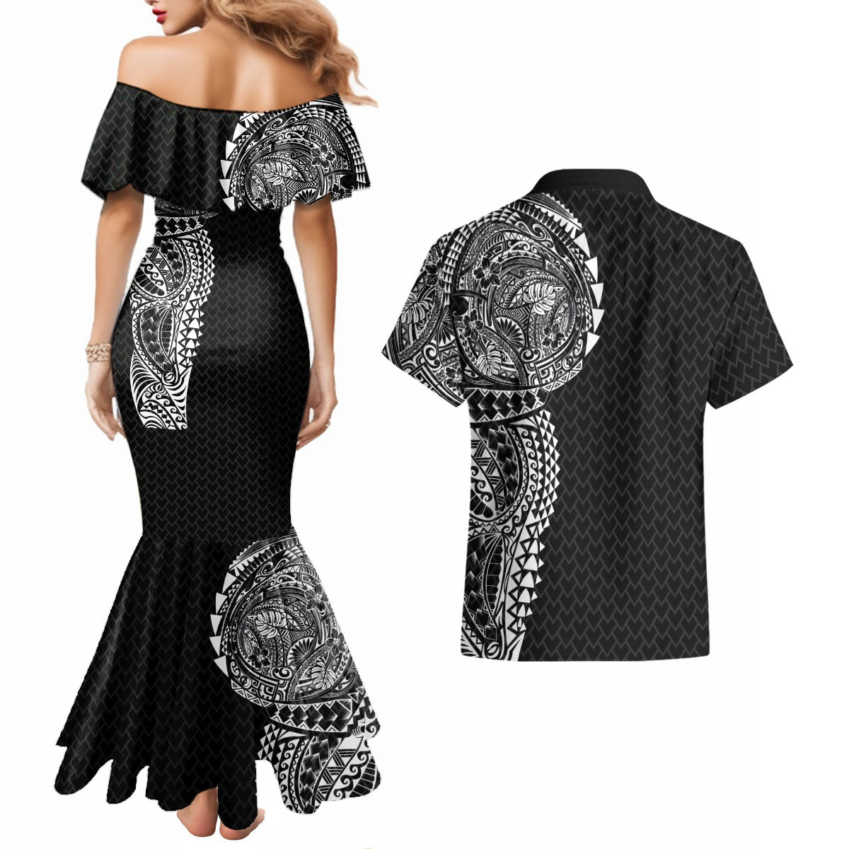 Hawaiian Traditional Tattoos Couples Matching Mermaid Dress and Hawaiian Shirt Kakau Tribal Tropical Plant Motif Black Color LT03 - Polynesian Pride
