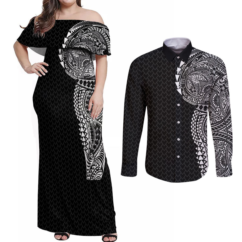 Hawaiian Traditional Tattoos Couples Matching Off Shoulder Maxi Dress and Long Sleeve Button Shirt Kakau Tribal Tropical Plant Motif Black Color LT03 Black - Polynesian Pride