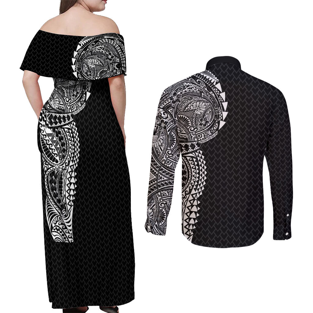 Hawaiian Traditional Tattoos Couples Matching Off Shoulder Maxi Dress and Long Sleeve Button Shirt Kakau Tribal Tropical Plant Motif Black Color LT03 - Polynesian Pride