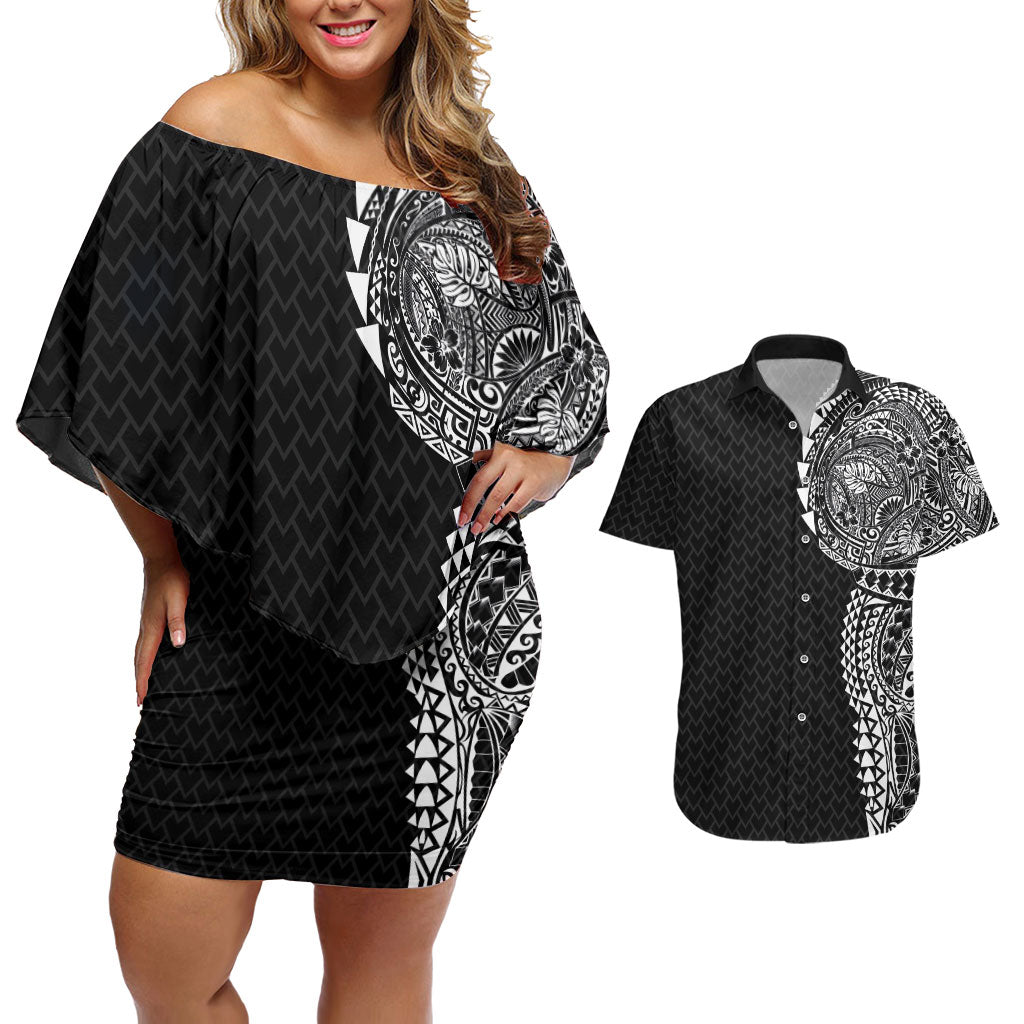 Hawaiian Traditional Tattoos Couples Matching Off Shoulder Short Dress and Hawaiian Shirt Kakau Tribal Tropical Plant Motif Black Color LT03 Black - Polynesian Pride