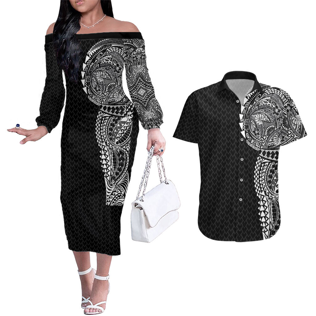 Hawaiian Traditional Tattoos Couples Matching Off The Shoulder Long Sleeve Dress and Hawaiian Shirt Kakau Tribal Tropical Plant Motif Black Color